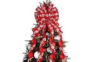 Sailup Christmas Tree Topper Wreath Bow 45"x12" Large Red Toppers With Candy Pattern for Xmas Tree Rustic Farmhouse Home Holiday Party Decorations