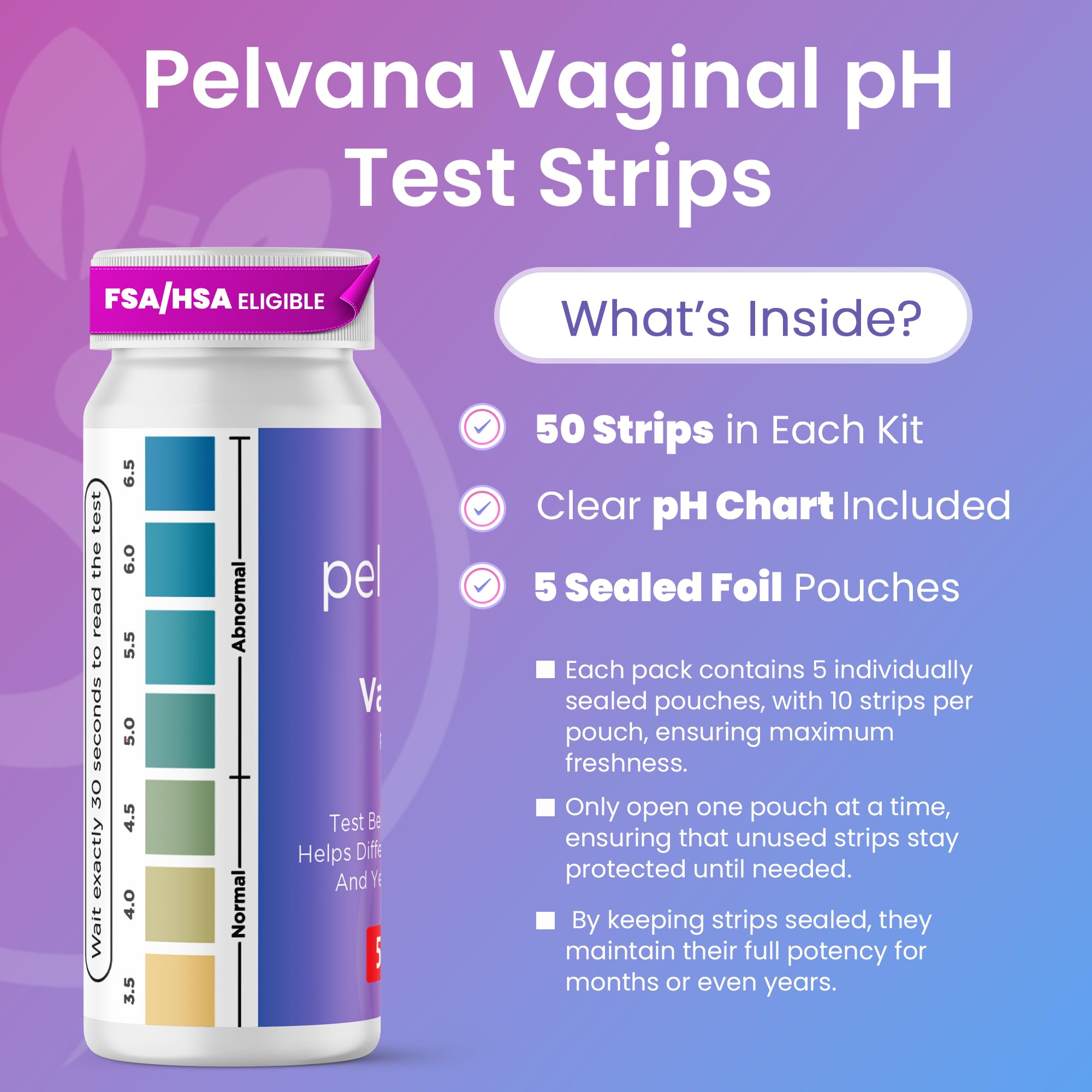 Pelvana Vaginal pH Test Strips for Women – 50 Strips, at-Home BV and Yeast Infection Test Kit, Vaginal pH Tester to Differentiate Between Conditions