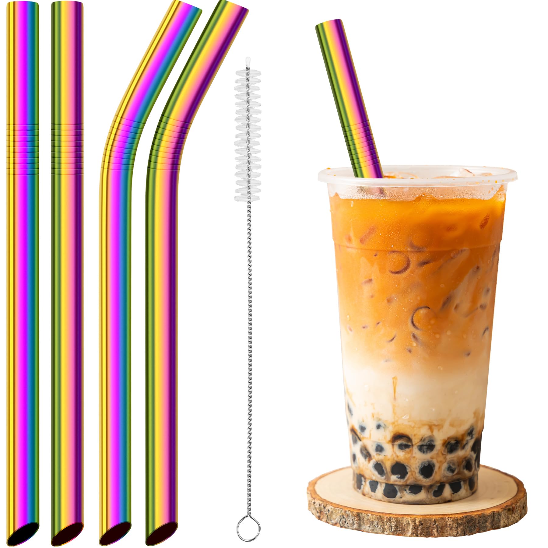 NiHome Extra Wide Reusable Stainless Steel Drinking Straws Straight & Bent 4PCS (Iridescent)