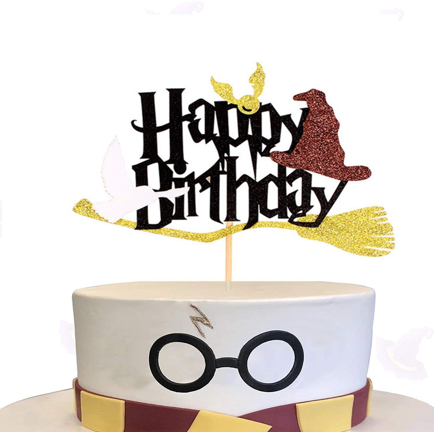 Glitter Black Magical Wizard Theme Happy Birthday Cake Topper for Boys Party Decorations Supplies Birthday Cake Toppers Decorations