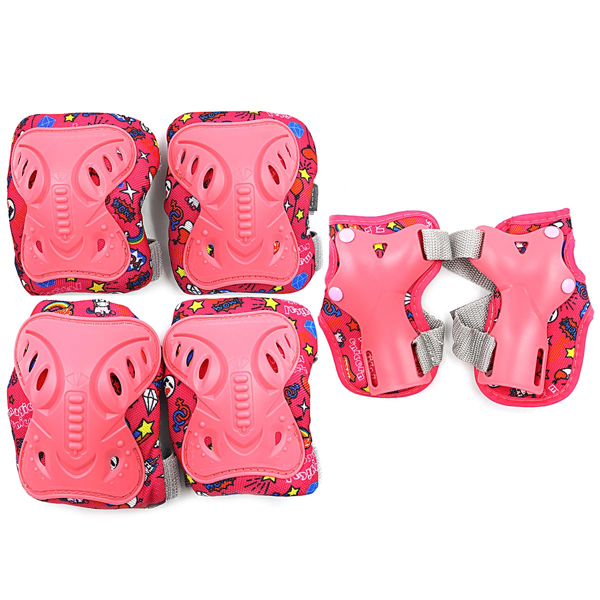 Ieron 6Pcs Bike Sports Protective Gear Set, Skating Protective Gear Kit Knee Pads Elbow Pads Wrist Guards, for Boys Girls Scooter Cycling (Pink)