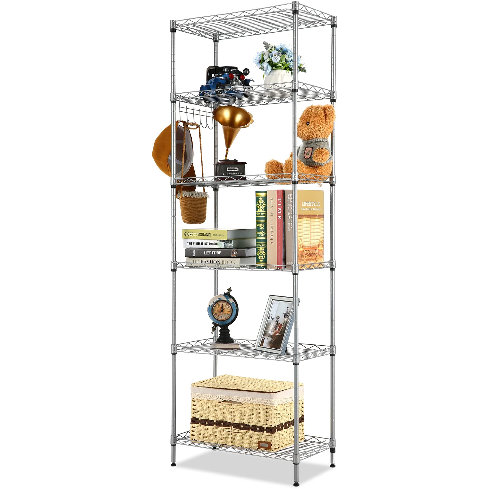 6-Shelf Wire Shelving Units, Heavy Duty Metal Shelf Wire Rack with Leveling Feet, Adjustable Utility Storage Shelves for Garage, Kitchen, Living Room, Bathroom, L54 x W29 x H160 cm