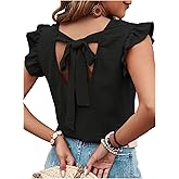 OYOANGLE Women's Bow Tie Back Ruffle Cap Sleeve Blouse Crew Neck Dressy Casual Summer Tops