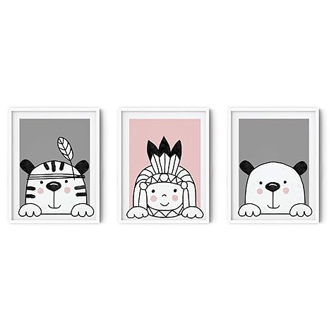 Grey Outline Cute Doodle Animals Kids Posters With Frame For Baby