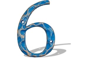 BETLIGHT 5.5 Inch House Numbers- Unique Cast Iron Metal Address / Mailbox Number for Outside or Front Door, Handmade Gold & Blue Finish (Number 6)