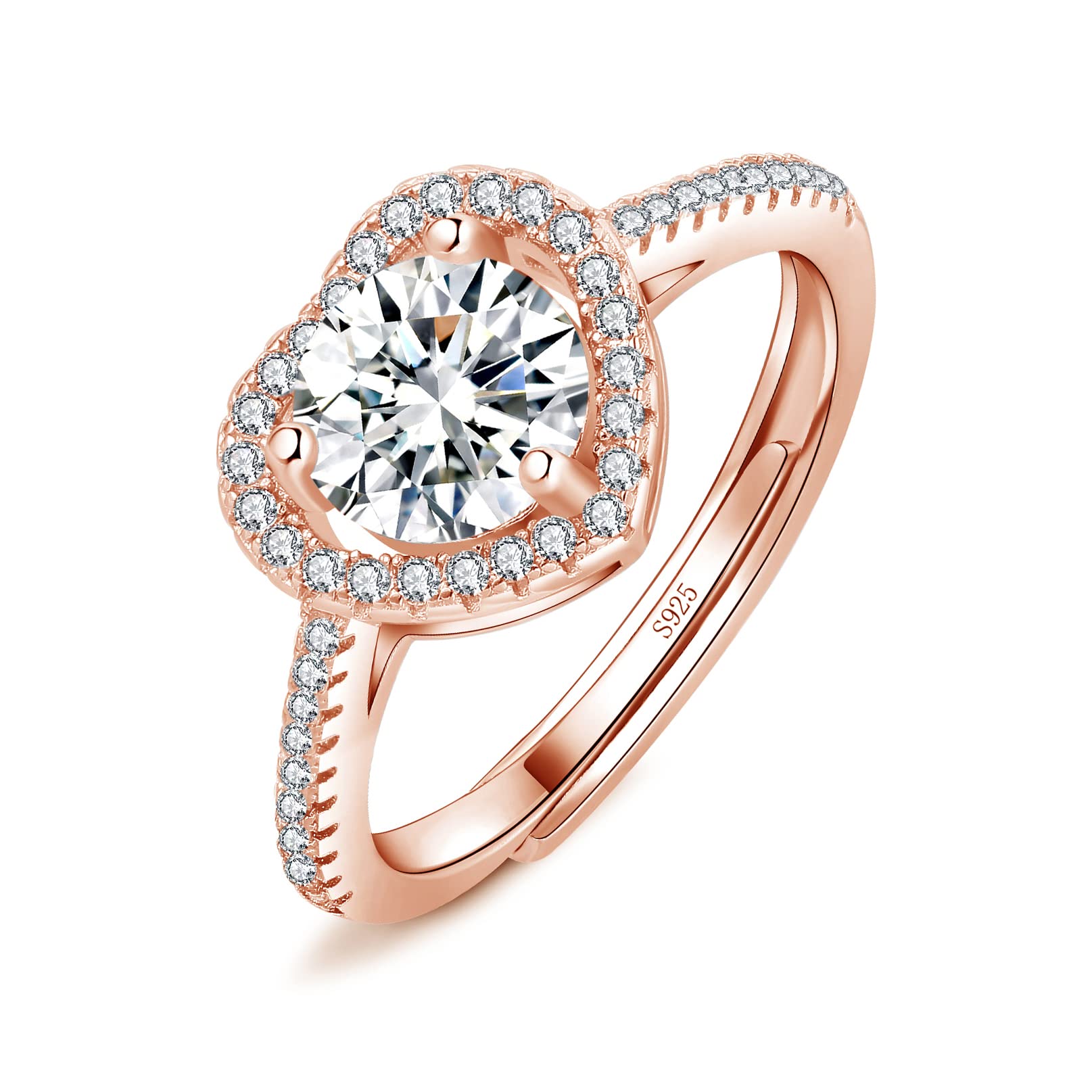 Josfeva Silver Rings for Women Girls, 925 Sterling Silver Adjustable Diamond Ring, Bride Wedding Engagement Ring for Love Promise, Romantic Anniversary Heart Rose Gold Rings for Couples Gifts