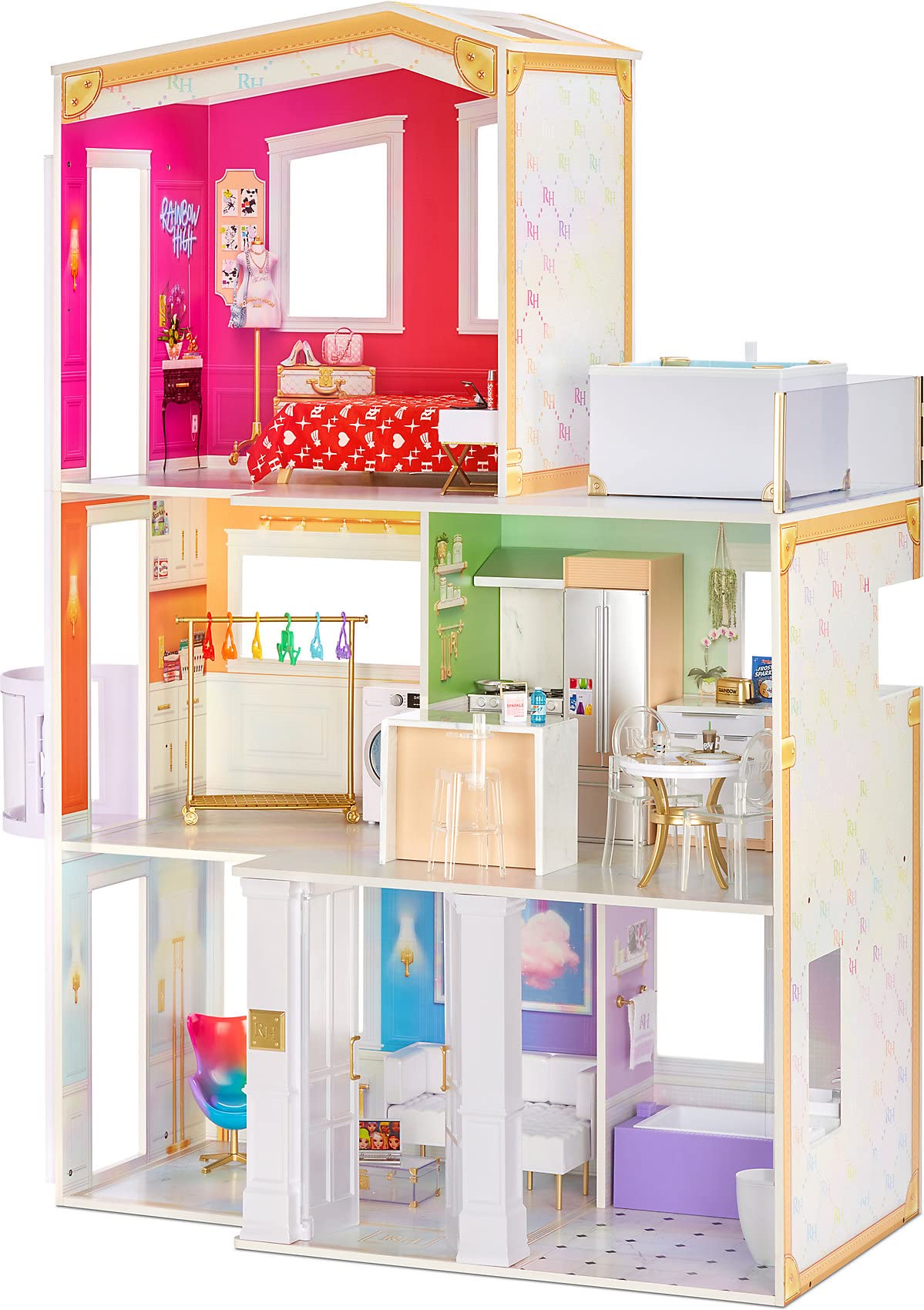 Rainbow High House – 3-Story Wood Doll House (4-Ft Tall & 3-Ft Wide), Fully Furnished Fashion Dollhouse, Working Hot Tub, Shower, Elevator, 50+ Accessories, Gift Toy for Kids Ages 6 7 8+ to 12 Years