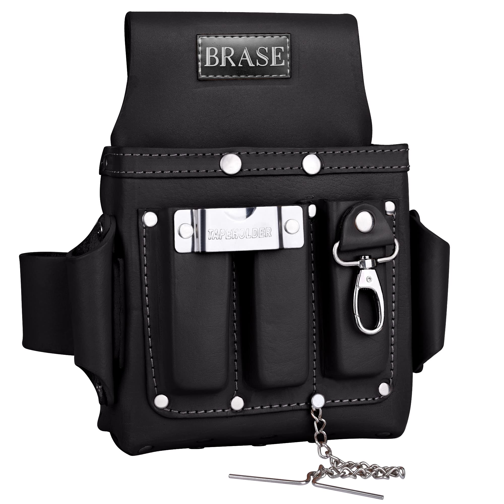 Brase Leather Tool Bag, Leather Bag 4 Tool Pouch, Best Gift DIY Belt Tool Storage Organizer Hammer Loop Professional Work Pouch for Builder, Electricians, Technician Adjustable (Black-7110)