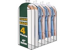 HANDY LAUNDRY Clear Garment Bags for Clothes Storage - 4-Pack Plastic Hanging Covers and Clothing Protectors, Long Dress Suit Jacket Closet Cover Dust Proof Garment Bag Set for Organized Wardrobe Storage (40")