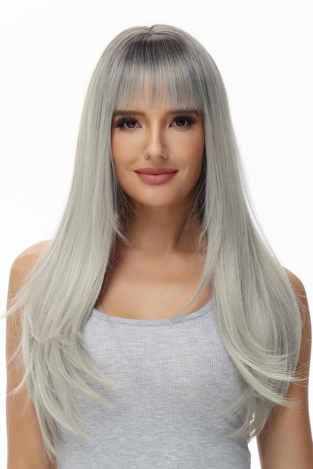 BUYOGET Long Wigs for Women with Fringe Adjustable Straight Synthetic Hair Wig Cosplay Daily Use Wigs 24 inch Ombre Silver