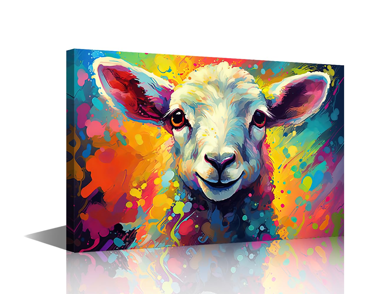 Happy Baby Sheep with Color Splash Prints Artwork Canvas Wall Art for Living Room Wall Decor Animal Wallpaper Oil Paintings Framed Prints 24"Wx16"H