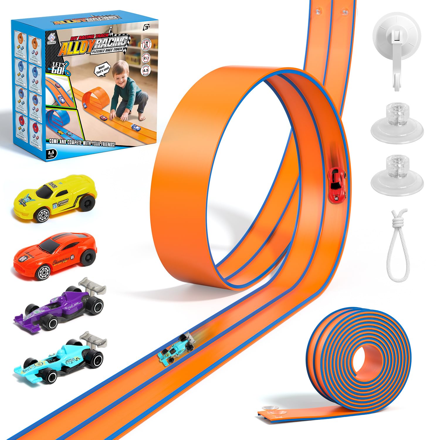Photo 1 of Flex Tracks 15 Ft Flexible Race Car Track for Kids with 2 Suction Cups, Race Car Ramp Track Compatible with Diecast 1/64th Cars, Birthday Gifts for Boys Girls Ages 3+