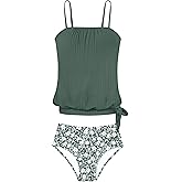 DONWEN Girls Blouson 2 Piece Tankini Swimsuits Loose Fit Modest Swimming Suit for Girls Side Tie Bathing Suit for 9-16 Years