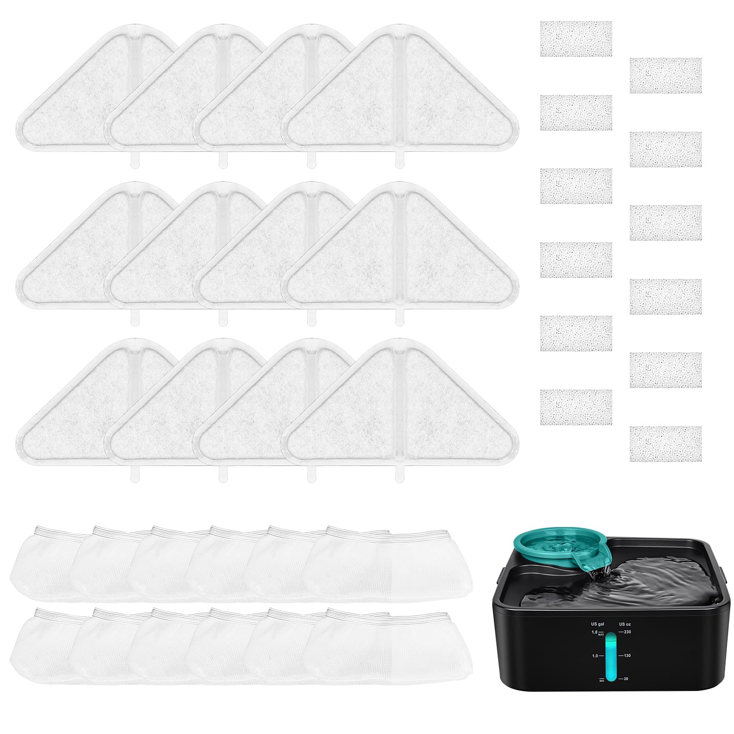 XIHIRCD 12 Packs Pet Water Fountain Filters for Kastty 230oz Water Fountain, Triangular Dog Fountain Filter Replacement Foam for 5 Layers Filtration System, including Filter, Sponges, Mesh Bags