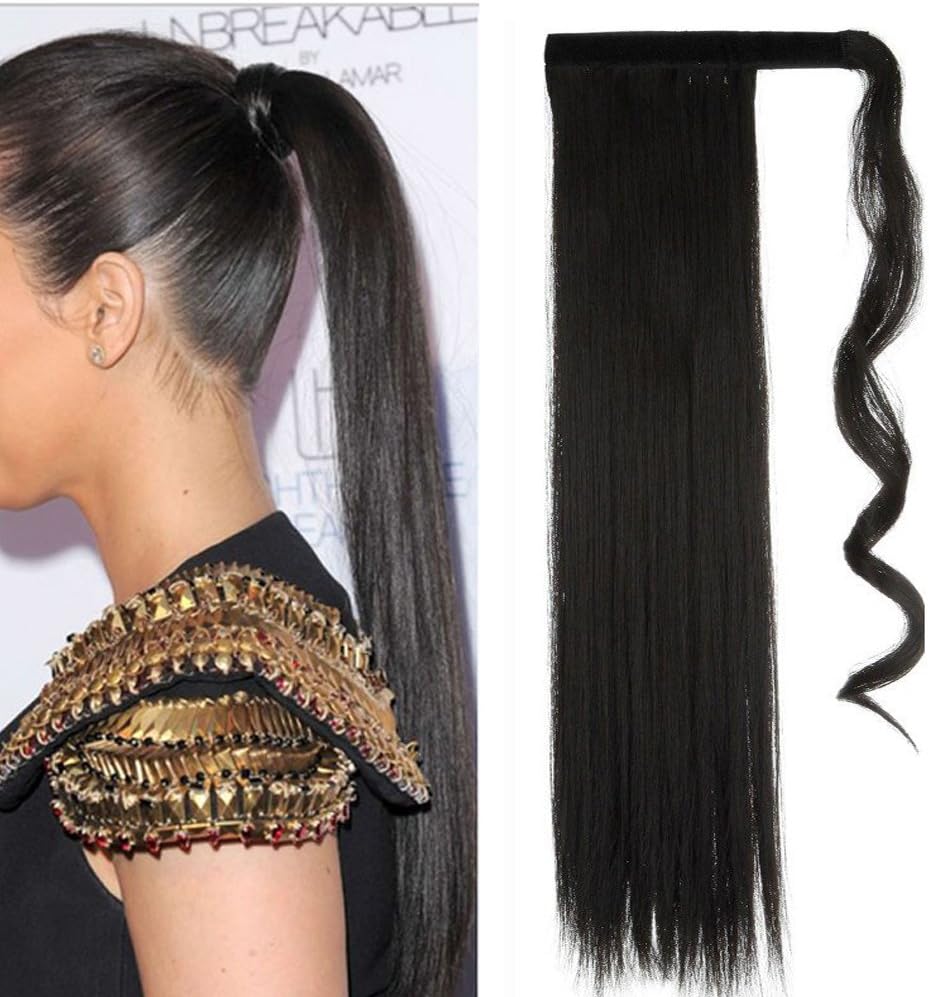 One Piece Ponytail Hair Extensions Clip in Wrap Around on Pony Tail 125G Thick Real Natural Synthetic Fibre Ponytail Hairstyle Hairpiece for Women Straight 23 inch natural black