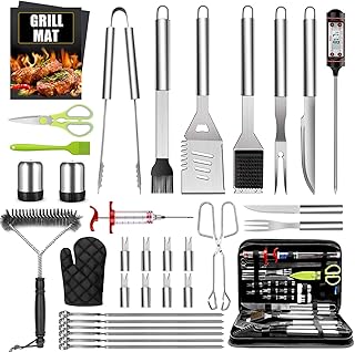 34 PCS BBQ Grillbesteck Tool Set AILUKI Edelstahl Grillzubehör Koffer Thermometer Grillset in Aluminium Aufbewahrungskoffer für Camping - Ideales Grillset für Männer und Frau