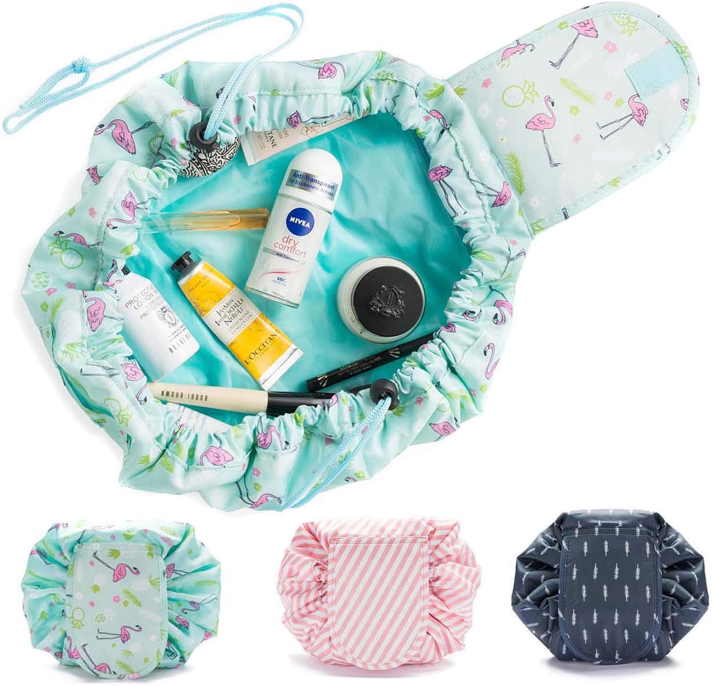 Cosmetic Bag, Cosmetic Bag Quick Make-Up Bag Make-up Bag Toiletry Bag with Drawstring (Turquoise Flamingos)