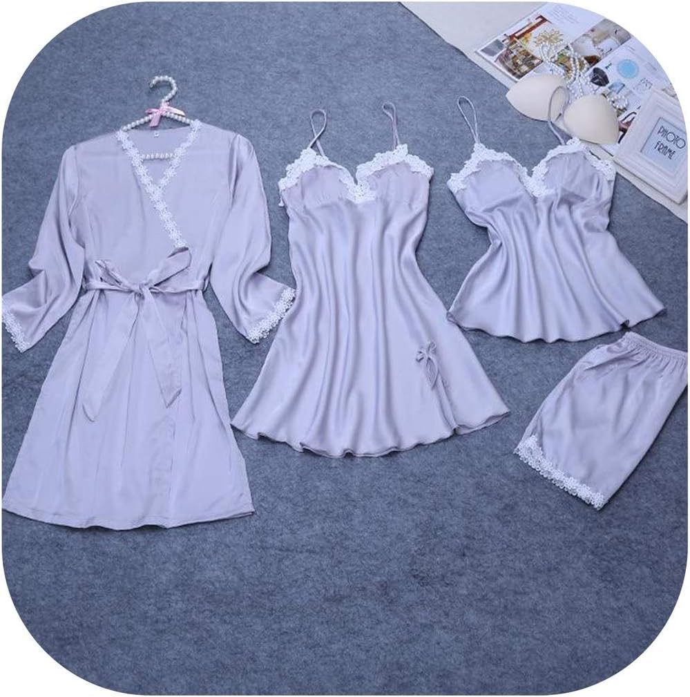 Sexy Robe Kimono Sleep Sets 4pcs Strap Top Pants Suit Casual Home Wear Pajamas Nightwear