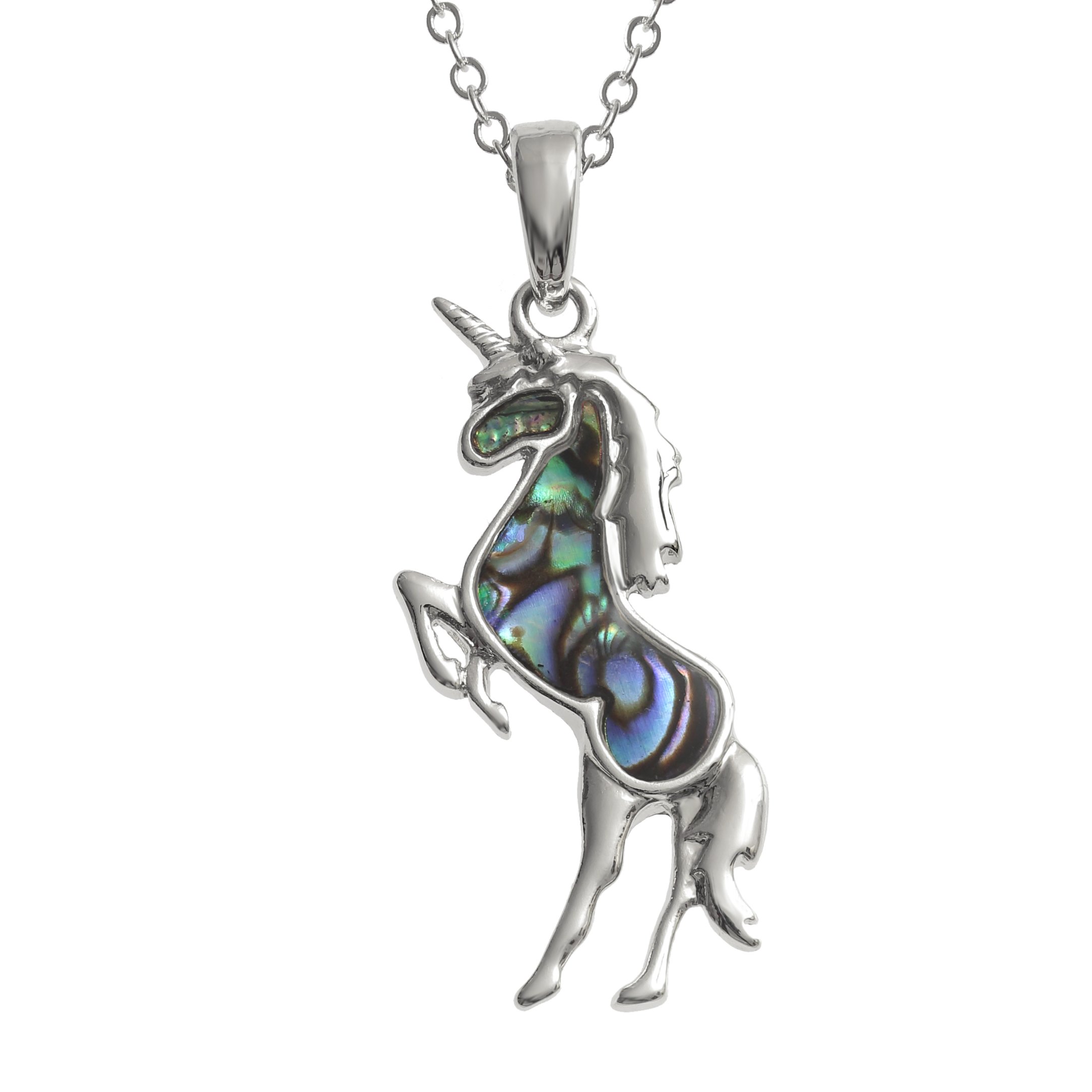 Kiara Jewellery Unicorn Pendant Necklace Inlaid With Natural greenish blue Paua Abalone Shell on 18" Trace Chain. Non Tarnish Plating