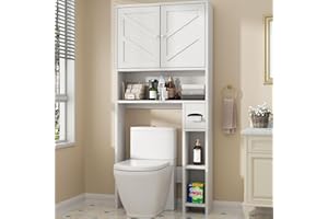 Shintenchi Over The Toilet Storage Cabinet, Bathroom Storage Cabient with Barn Doors, Bathroom Storage Shelf Organizer with Toilet Paper Holder, Adjustable Shelf and Anti-Tip Device, White