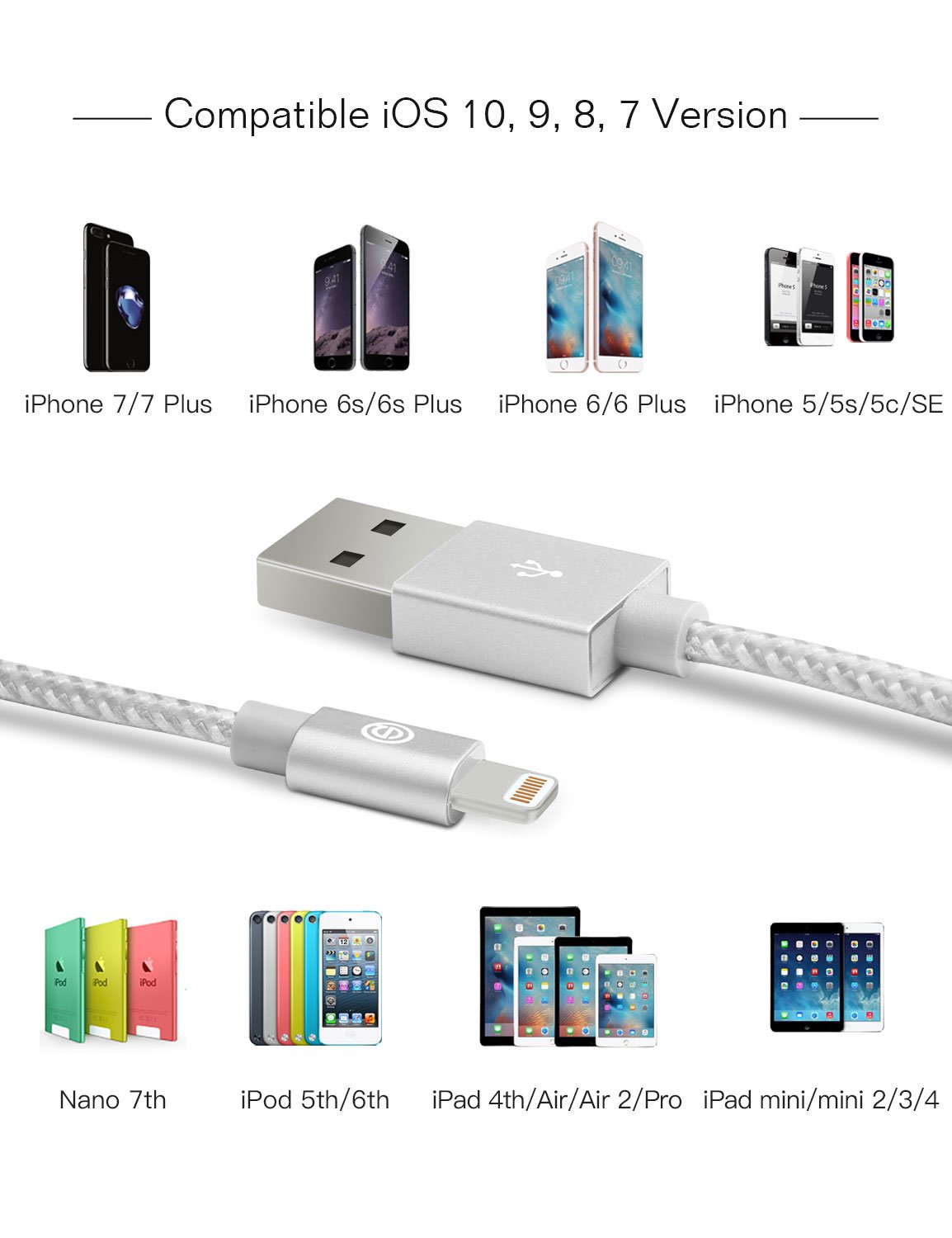 Apple MFi Certified- OPSO Nylon Braided USB Charging Cable/Cord with Lightning Connector for iPhone 7 6s 6 Plus 5s 5,iPad Pro mini iPod 1M / 3.3 ft - Silver