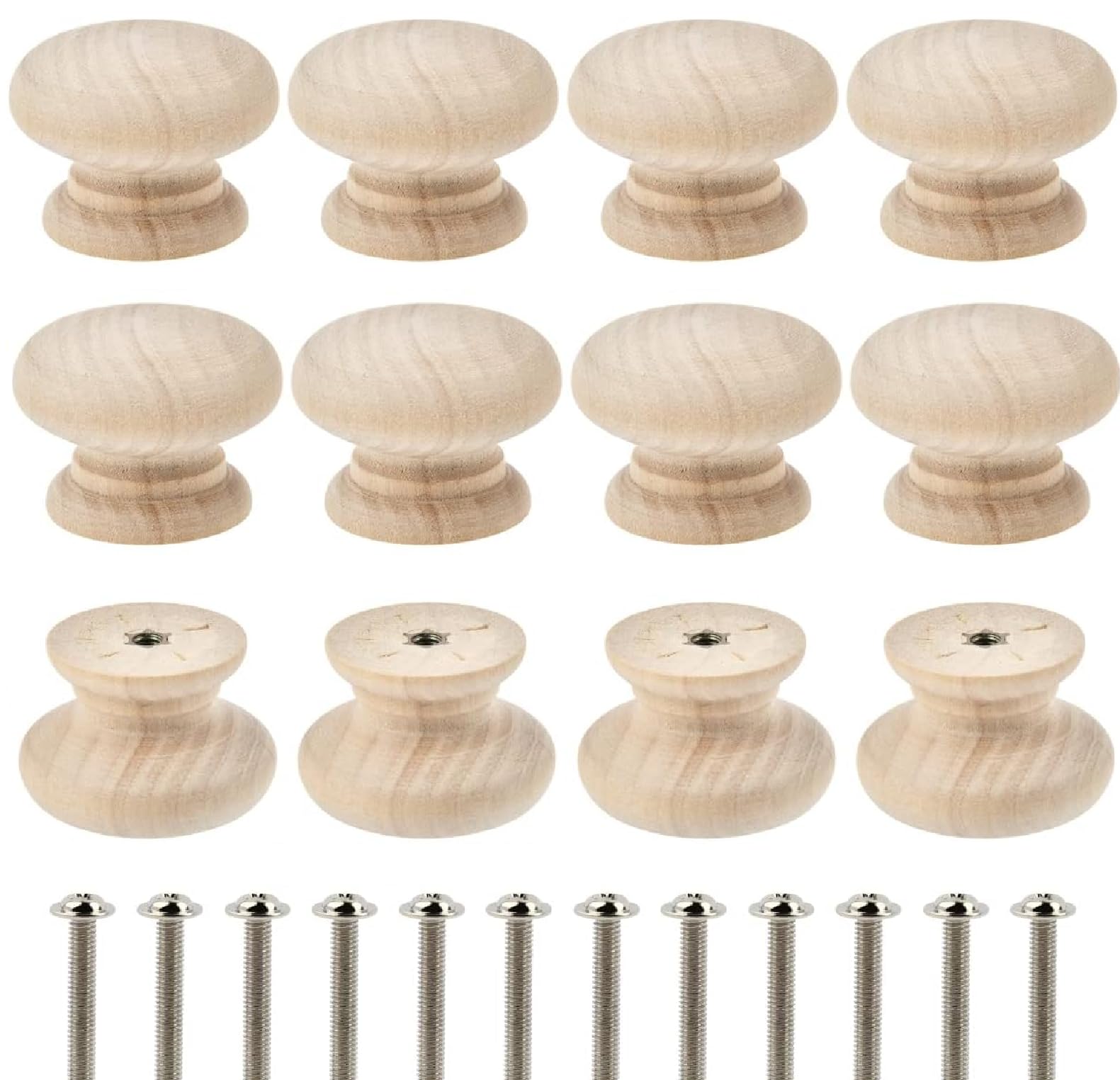DEFIYEAR 12PCS Wooden Drawer Knobs, Natural Unpainted Wooden Knob for Drawers and Cabinets, Round Wooden Door Knobs Pull Handles with Screws, Perfect for Home Kitchen Office Furniture Upgrades