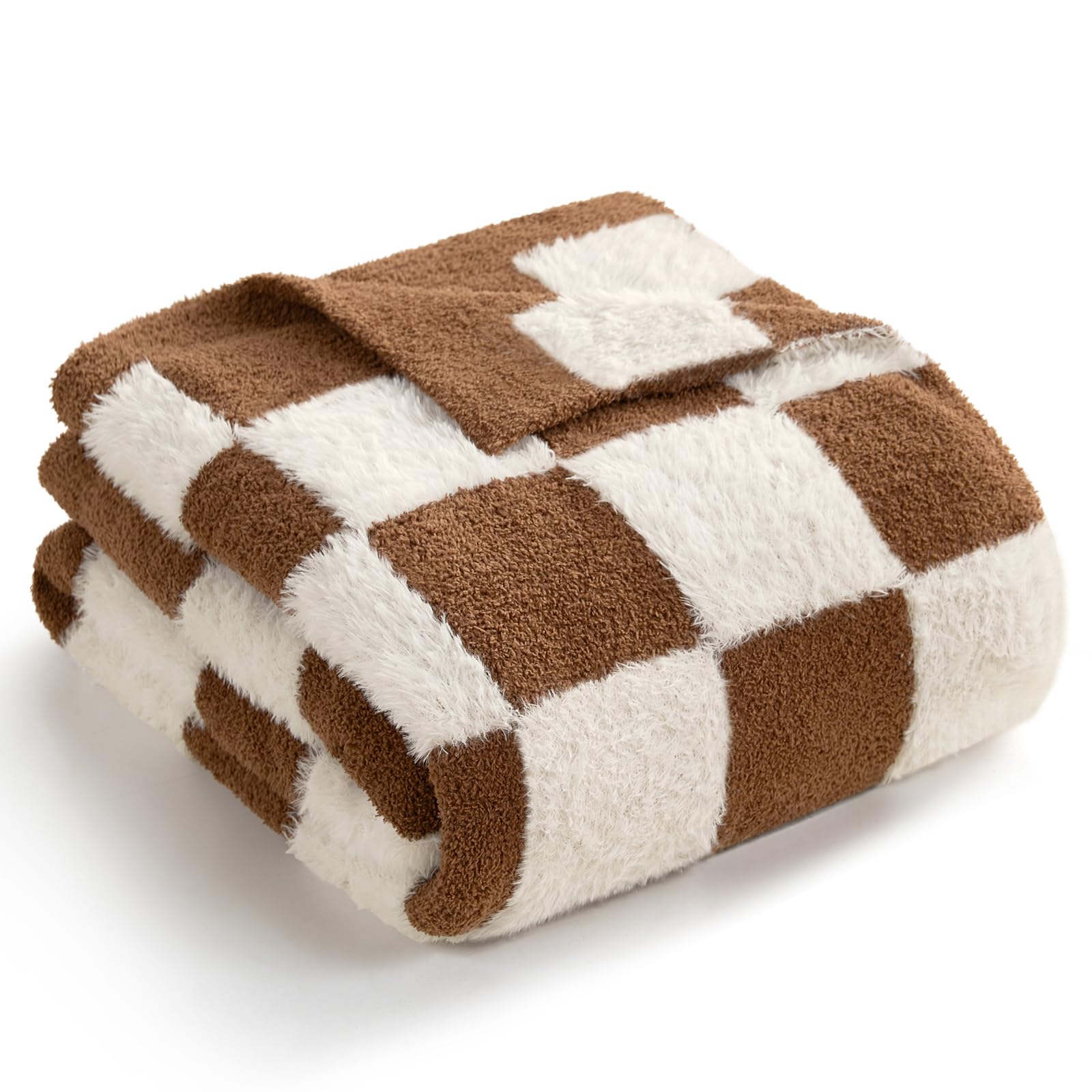 Snuggle Sac Brown Checkered Throw Blanket Faux Fur Microfiber Blankets for Couch,Cozy Soft Warm Blanket for Sofa Bedroom Living Room,Brown Checker,50x60 inches Image