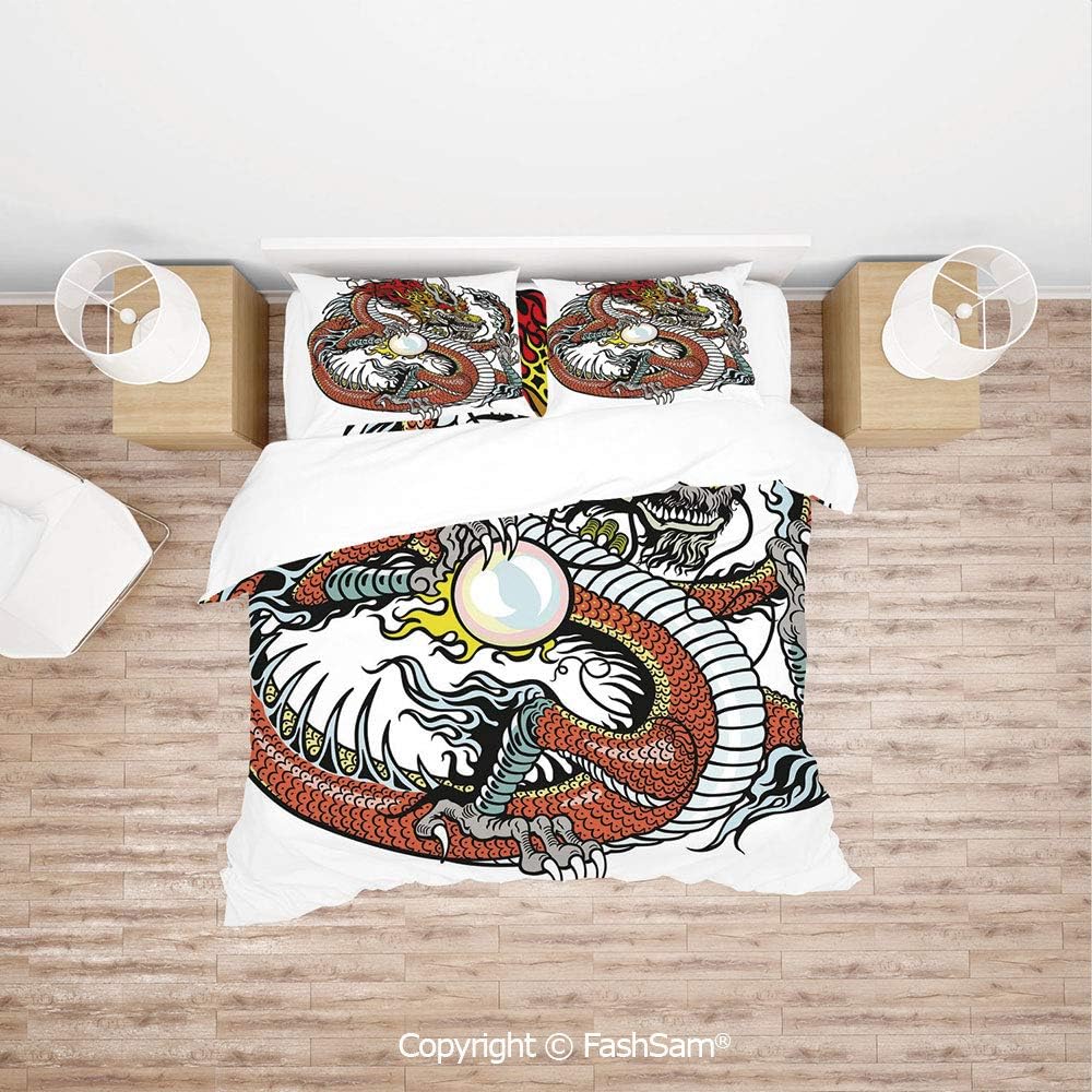FashSam Duvet Cover 4 Pcs Comforter Cover Set Traditional Chinese Creature Holding A Large Pearl Zodiac Signs Folk Tattoo Graphic Decorative for Boys Grils Kids(Single)