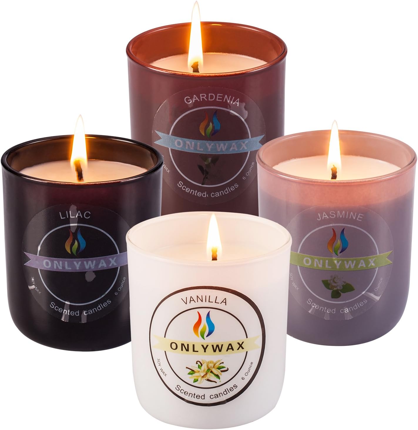 Onlywax Scented Candles 4 Pack Gift Set,Vanilla, Gardenia, Jasmine And Lilac, Aromatherapy Glass Jar Holidays Votive Soy Candle.
