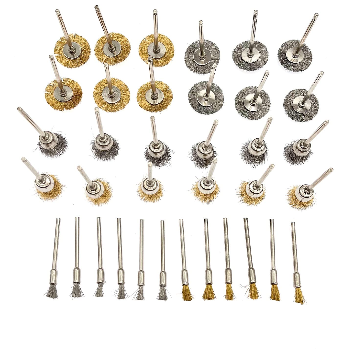 JZK 36 Pcs 3mm Shaft Stainless Steel And Brass Wire Brushes, Steel Brass Bristle Brushes Polishing Wheel Cups set, Cleaning Buffing Brush Bits For Dremel and other Electric drill