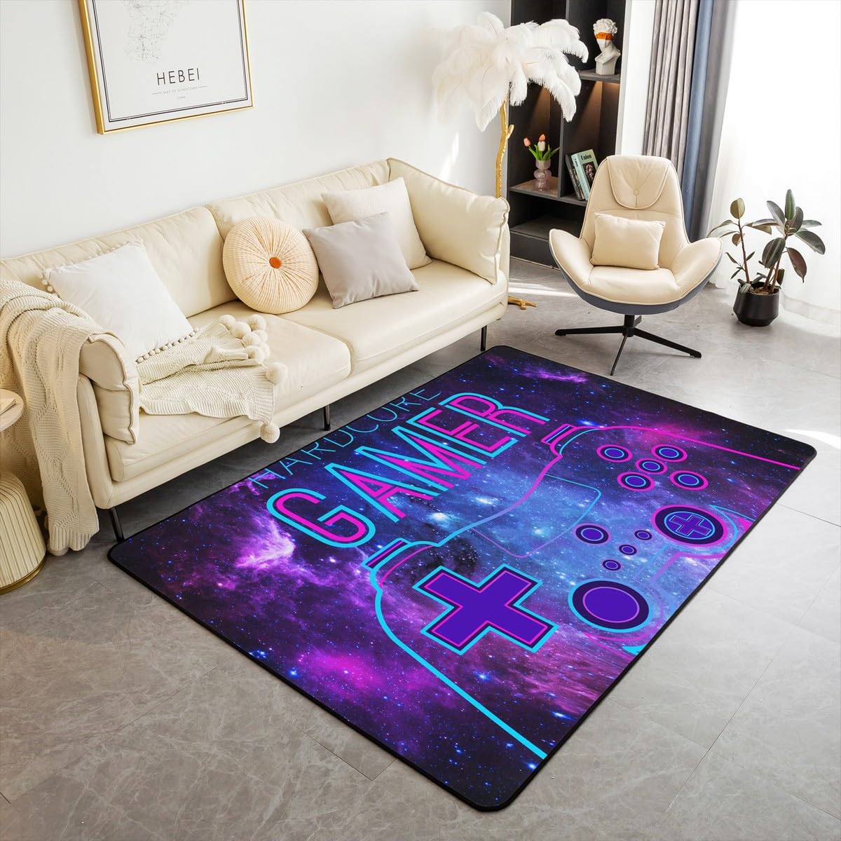 Loussiesd Galaxy Gaming Bedroom Playing Room Rug Gamer Gamepad Area Rug Soft Rugs for Living Room Bedroom Non-Slip Flannal Floor Mats Video Game Controller Starry Sky Carpet Decor 150 * 200cm