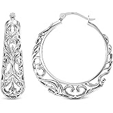 LeCalla 925 Sterling Silver Hoop Earrings | Women's Filigree Hoop Earrings | Openwork Mesh Filigree Cut Earring | Lightweight & Hypoallergenic Vintage Hoop Earrings for Women