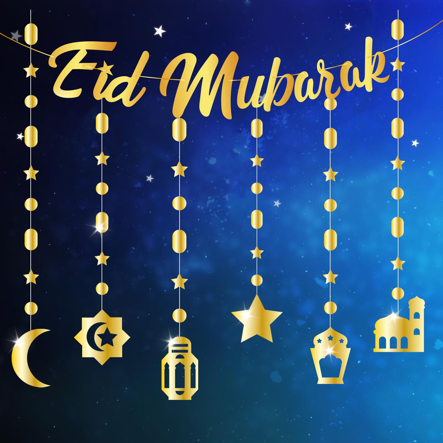 HONZSAN Ramadan Eid Decorations - Eid Mubarak Banner, Shinny Gold Star Moon Lantern Castle Hanging Decor for Home Eid Al-fitr Party Muslim Egyptian Holiday Supplies