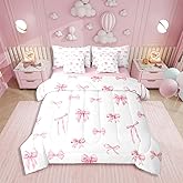 Erosebridal Pink Bow 7 Piece Comforter Set for Girls, Cute Bowknot Bedding Sets Bed in A Bag Twin Size Kawaii Ribbon Bow Sheet Set for Kids Boys Teens Women Bedroom Bow Knot Aesthetic Bed Sets