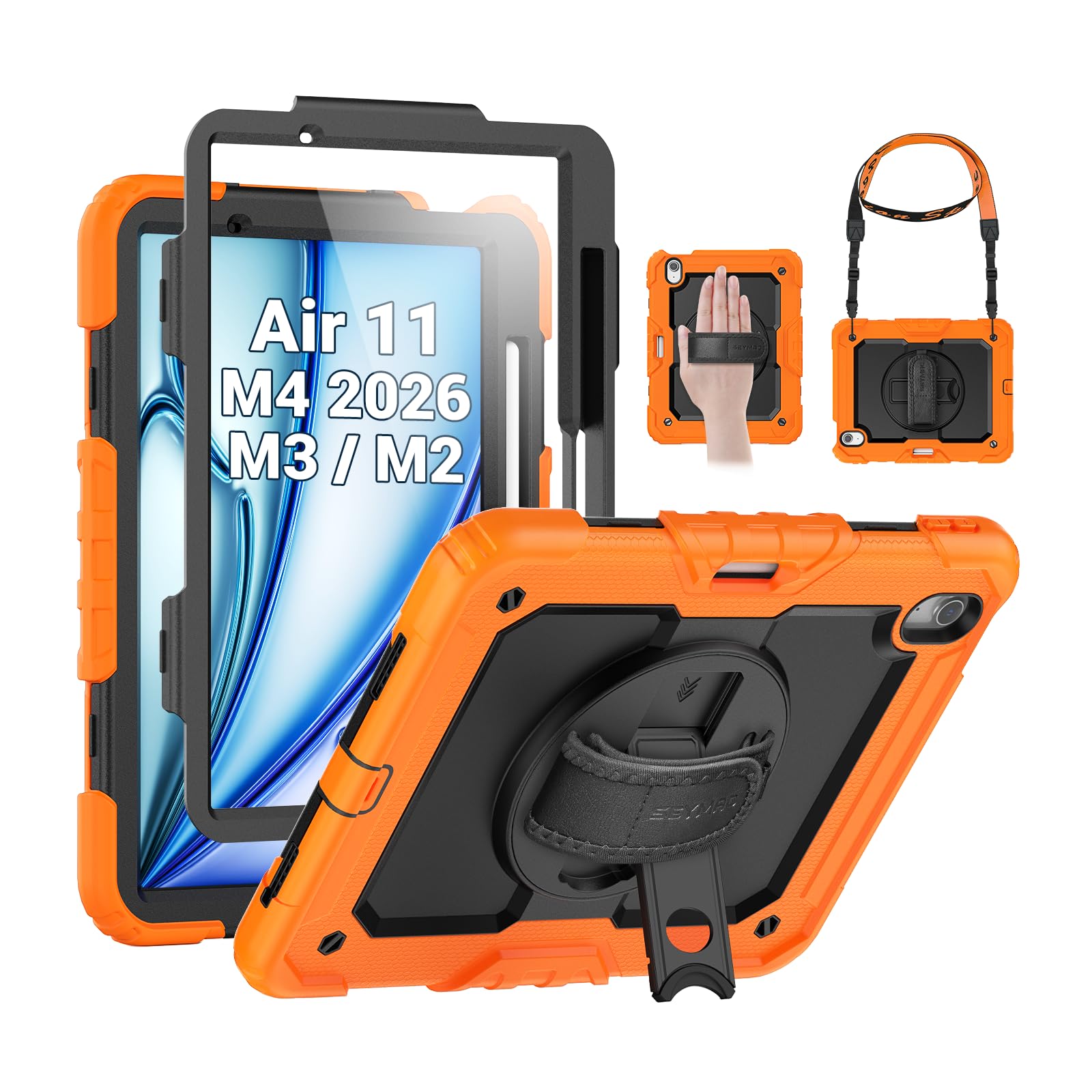 Photo 1 of ***Front cover missing*** SEYMAC Case for iPad Air 11 Inch M4 / M3 / M2 (2026/2025 / 2024), Heavy Duty Shockproof Protective Case with Screen Protector, 360° Rotating Stand and Hand/Shoulder Strap, Orange