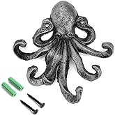 Sumnacon 6 Inch Cast Iron Octopus Decorative Coat Hook - Wall Mounted Nautical Hand Towel Rack Holder with Screws, Rustic Metal Clothing Hanger for Bedroom/Bathroom/Kitchen/Balcony, Silver