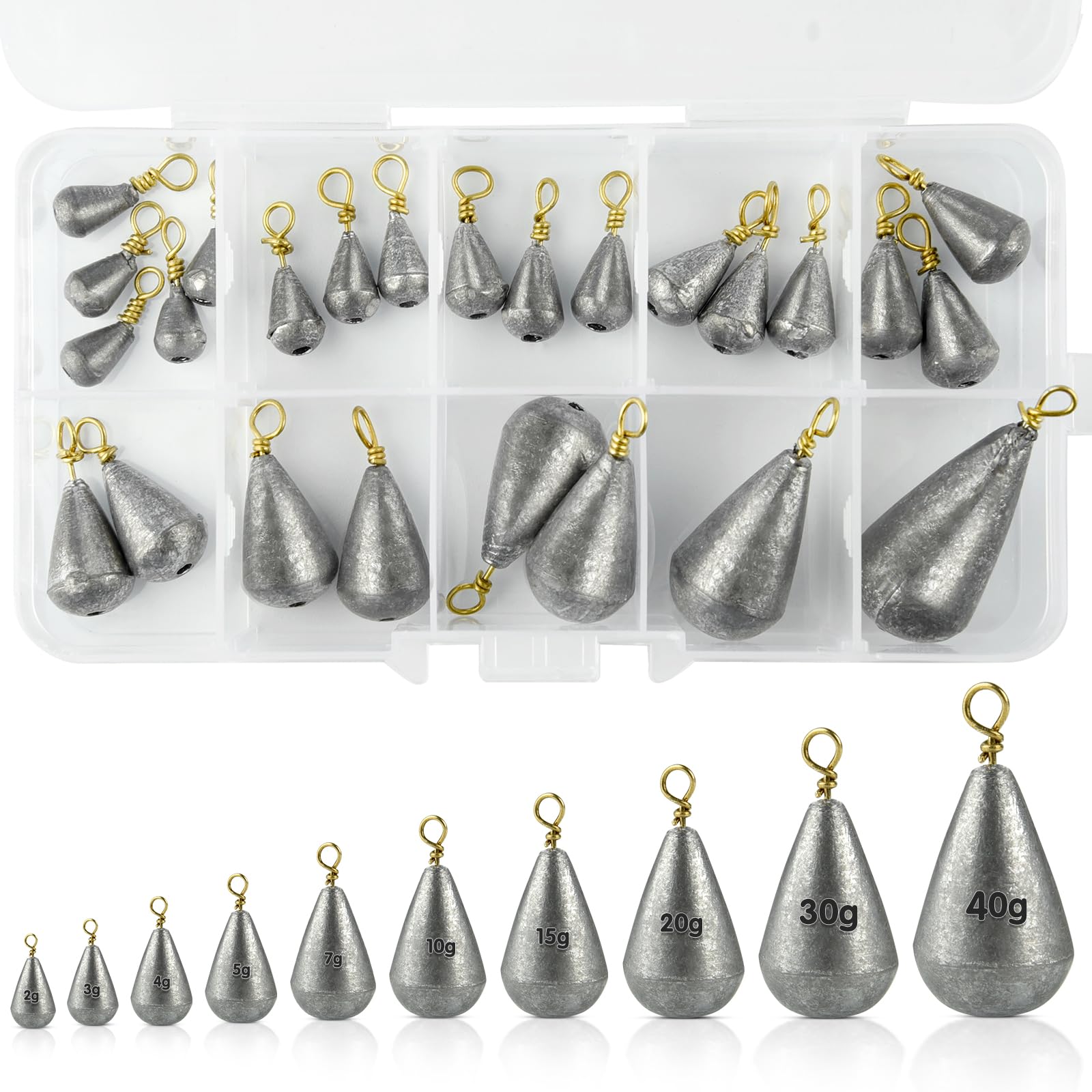 Peaken 25pcs Fishing Weights,10 Size Mixed 2g 3g 4g 5g 7g 10g 15g 20g 30g 40g,Small Fishing Weights Sinkers for River, Saltwater, Freshwater, Mackerel (B)