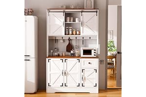 ISHARINGTIME 71" Pantry Cabinet with Charging Station, Tall Kitchen Pantry Storage Cabinet with Microwave Stand, Farmhouse Kitchen Hutch with Storage Drawer & 6 Hooks for Living Room, Dining Room, White