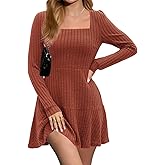 ZTMZA Women's Long Sleeve Sweater Dresses Fall Square Neck Ribbed Knit Short Dress Casual Babydoll A-Line Mini Dress