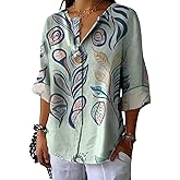 2025 Trendy 3/4 Length Sleeve Tops Oversized Button Down Floral Graphic V Neck Dressy Casual Vacation Summer Blouse