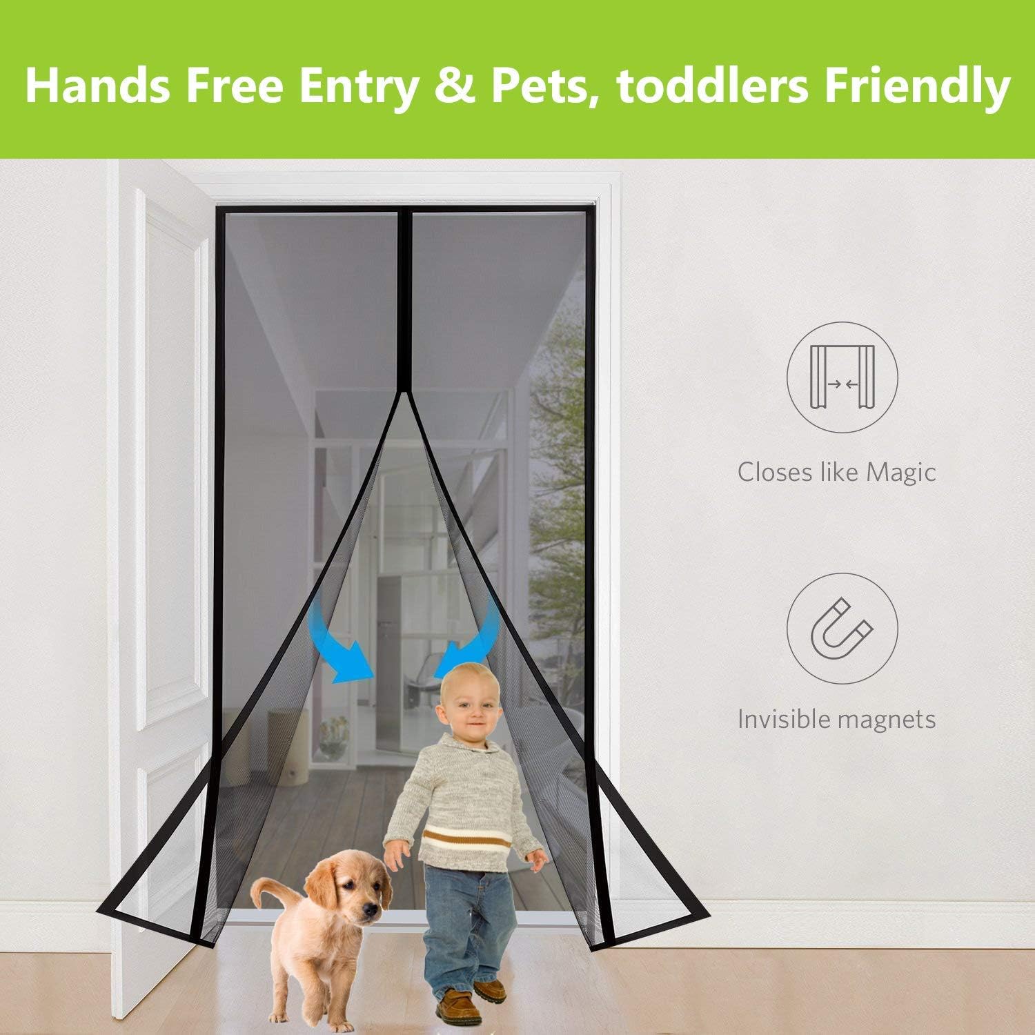 Aoocan Magnetic Screen Door - Heavy Duty mesh Door Screen and Full Frame Hook & Loop Fits Door Size up to 34"-82" Max- Black | Fresh air in & Keep Bugs Out - - 