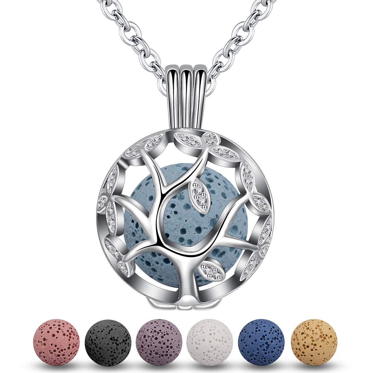EUDORA Harmony Ball Tree of Life Necklace Tree of Life Aromatherapy Chain Necklaces for Women Pendant Aroma Oil Diffuser Charm Jewellery Gift Natural Lava Stone Beads Chain 7 Pieces 24 Inches