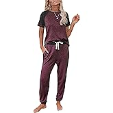 PRETTYGARDEN Women Summer Two Piece Outfits Striped Short Sleeve Pullover and Long Pants Tracksuit Travel Pajama Lounge Set
