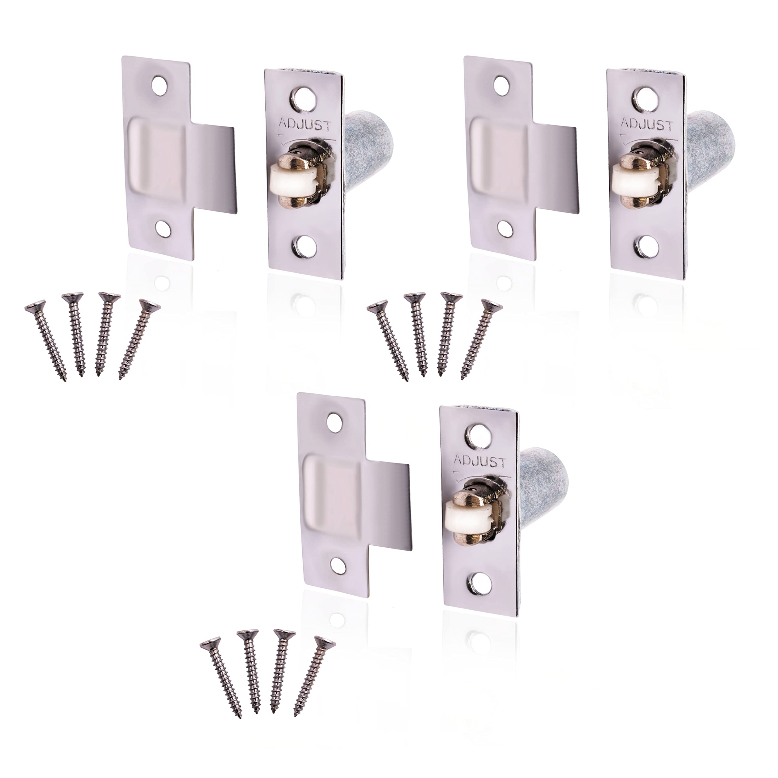 Adjustable Roller Catch Spring Loaded Latch Lock for Internal Doors | Nickel Plated | Pack of 3