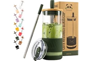 Pandaloo® Glass Cups With Lids and Straws -20 Fl Oz- Perfect Size Iced Coffee Cup - Smoothie Cup With Bamboo Lid and On the go Lid - Glass Tumbler With Straw (1 Count (Pack of 1), Mediterranean Olive)
