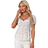 Allegra K Puff Short Sleeve Floral Blouse for Women's Sweetheart Neck Shirred Ruffle Peplum Top