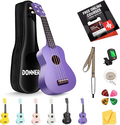 Donner Soprano Ukulele DMU-01 21in Matte Purple Bundle Kit with Lessons