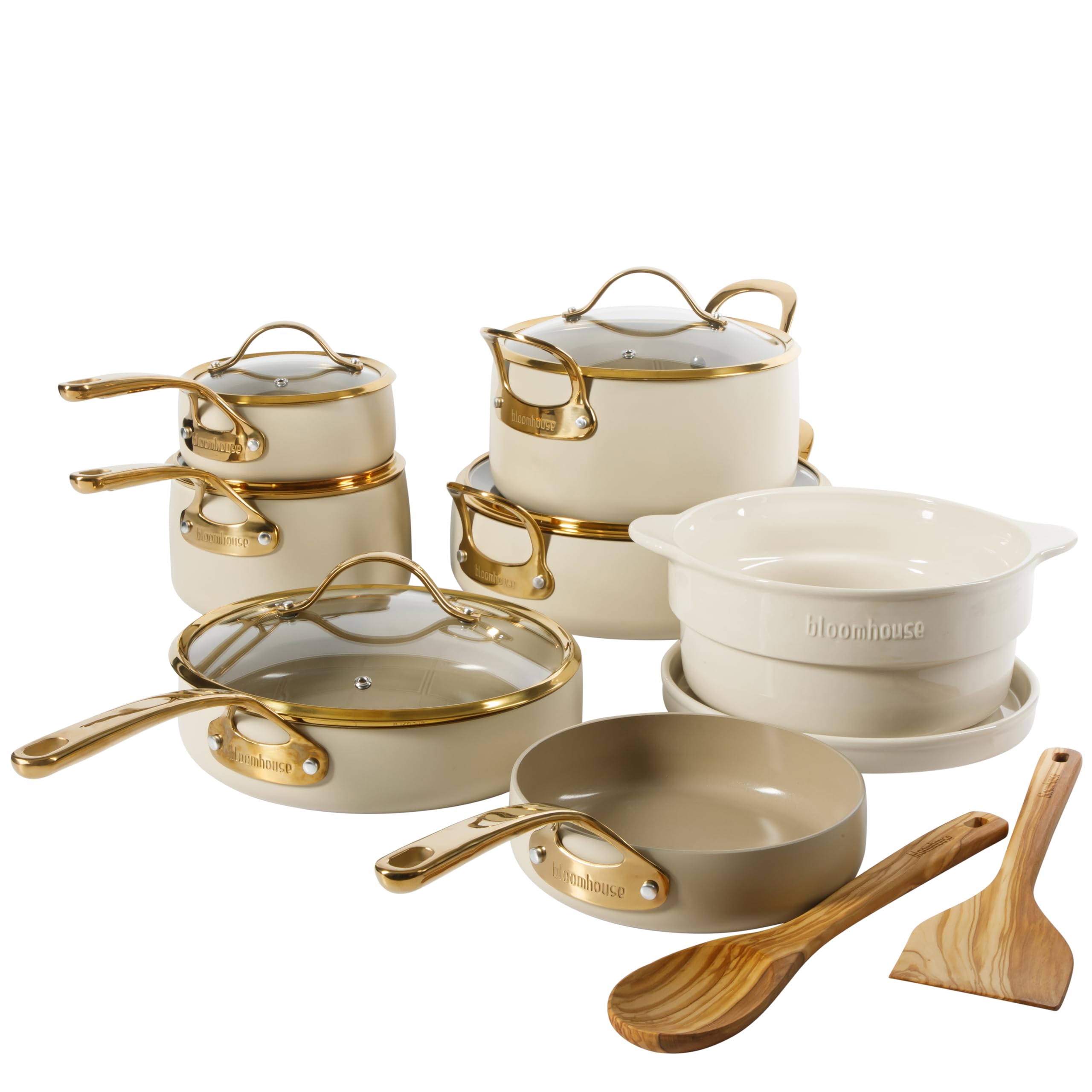 Photo 1 of **************MISSING MANNY PIECES/MINOR DAMAGE**************
 bloomhouse - Oprah's Favorite Things - 15 Piece Pots and Pans Heavy Duty Aluminum Premium PFA Free Ceramic Nonstick Cookware Set - Almond Cream w/Gold Handle