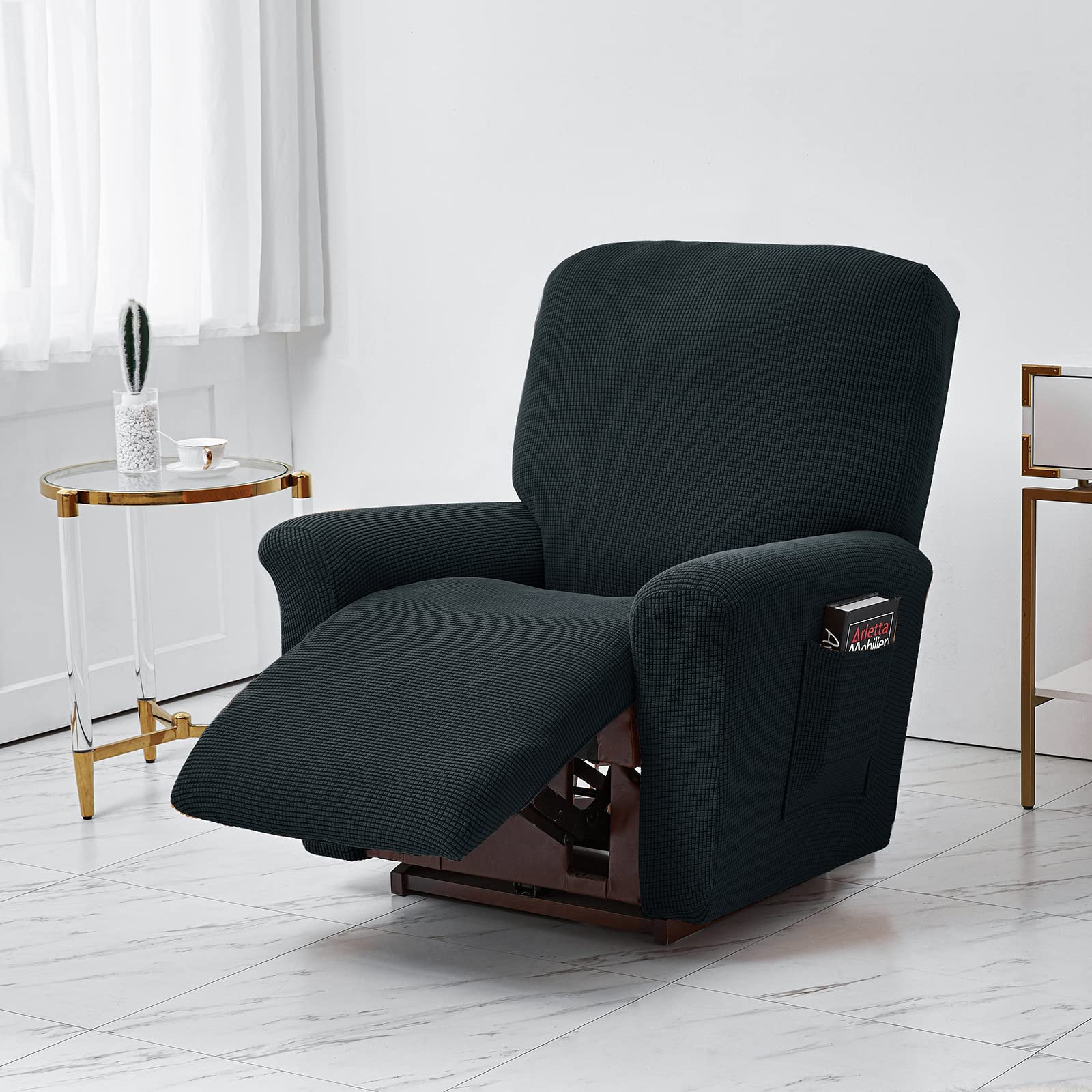 Stretch Recliner Covers, Jacquard Recliner Chair Slipcovers, Polyester Furniture Cover Recliner Sofa Couch Cover With Pocket for Living Room Sofa Cover (A Black)