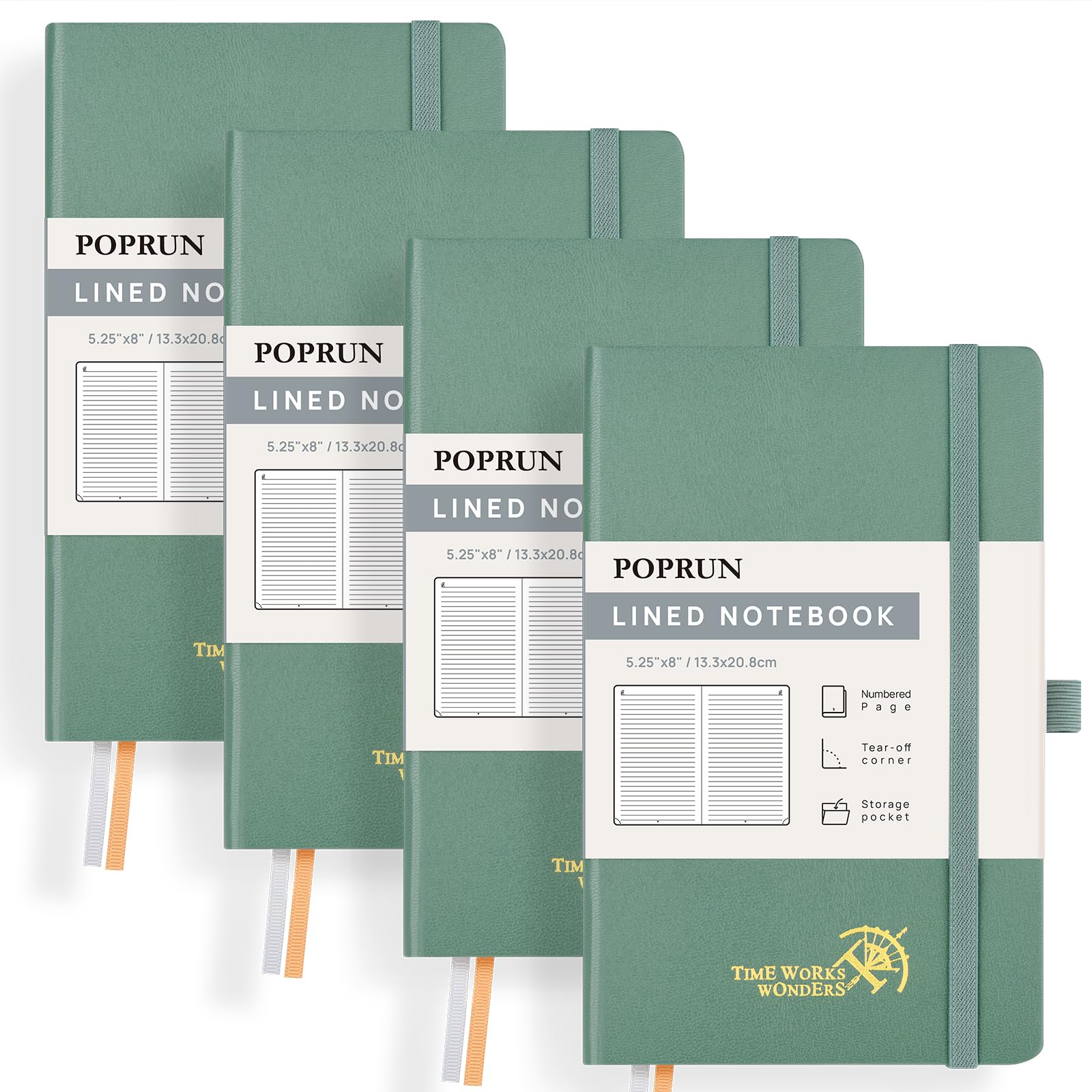POPRUN 4 Pack A5 (Approx.) Lined Notebook Hardback, Thick 120 GSM Paper for Men & Women,128 Numbered Pages Classic Ruled Notepad with Sticky Index Tab, 8 Perforated Sheets, Midnight Green